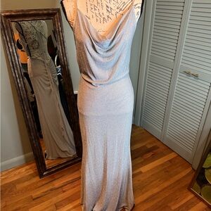 Shimmering Silver Cowl Neck Maxi Dress